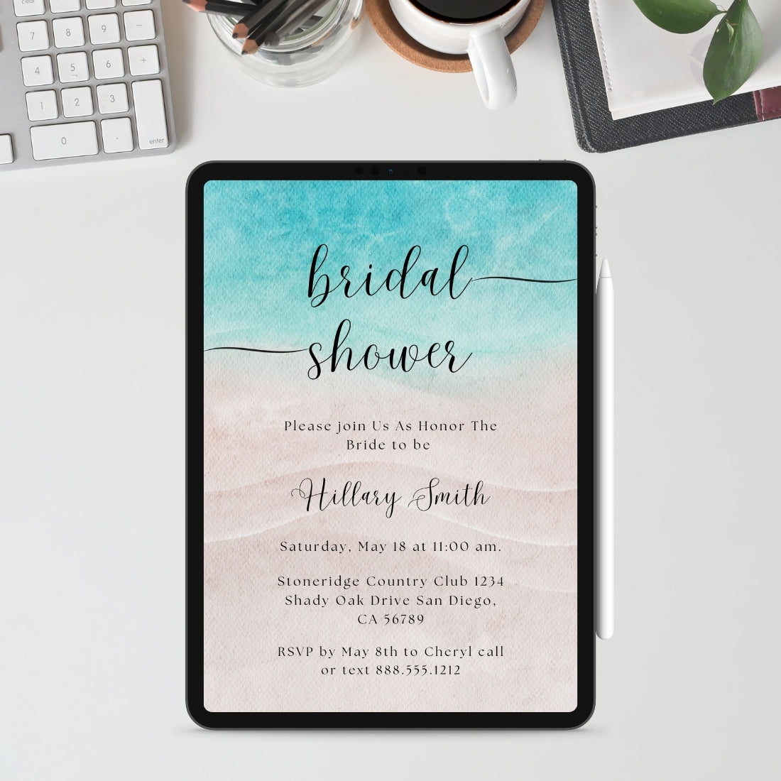 Beach Theme Bridal Shower Invitations Editable Canva Template Digital Download