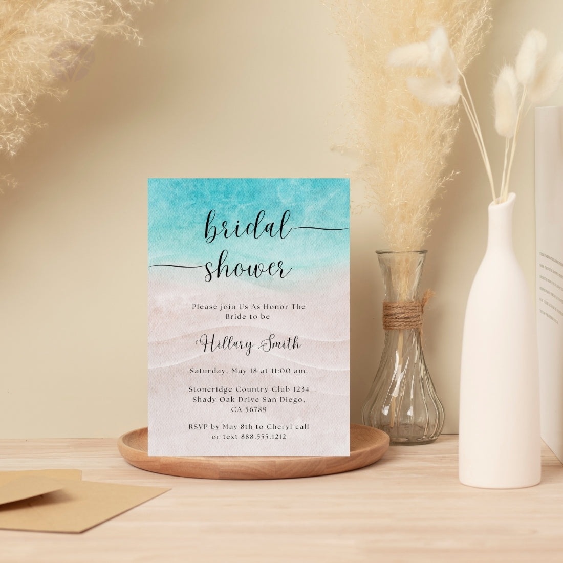 Beach Theme Bridal Shower Invitations Editable Canva Template Digital Download