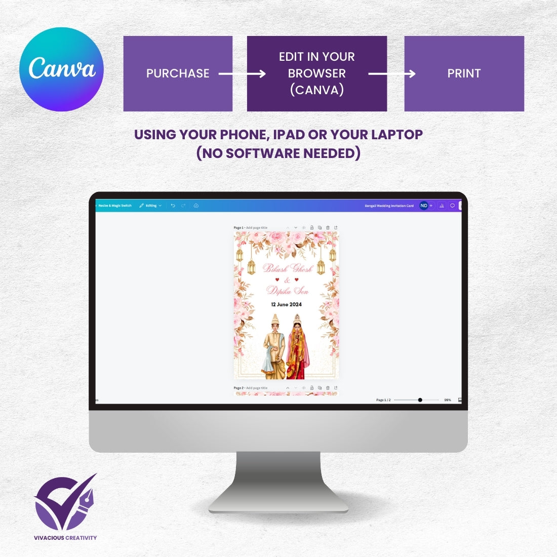 Bengali Wedding Invitation 2 Page Editable Canva Template Traditional Indian Wedding Card Instant Digital Download