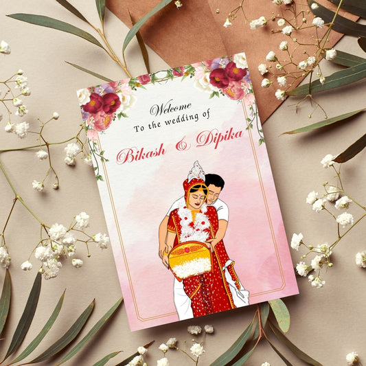 Bengali Wedding Invitation Card | 5×7 Editable Canva Template | Couple Illustration (2 Pages)