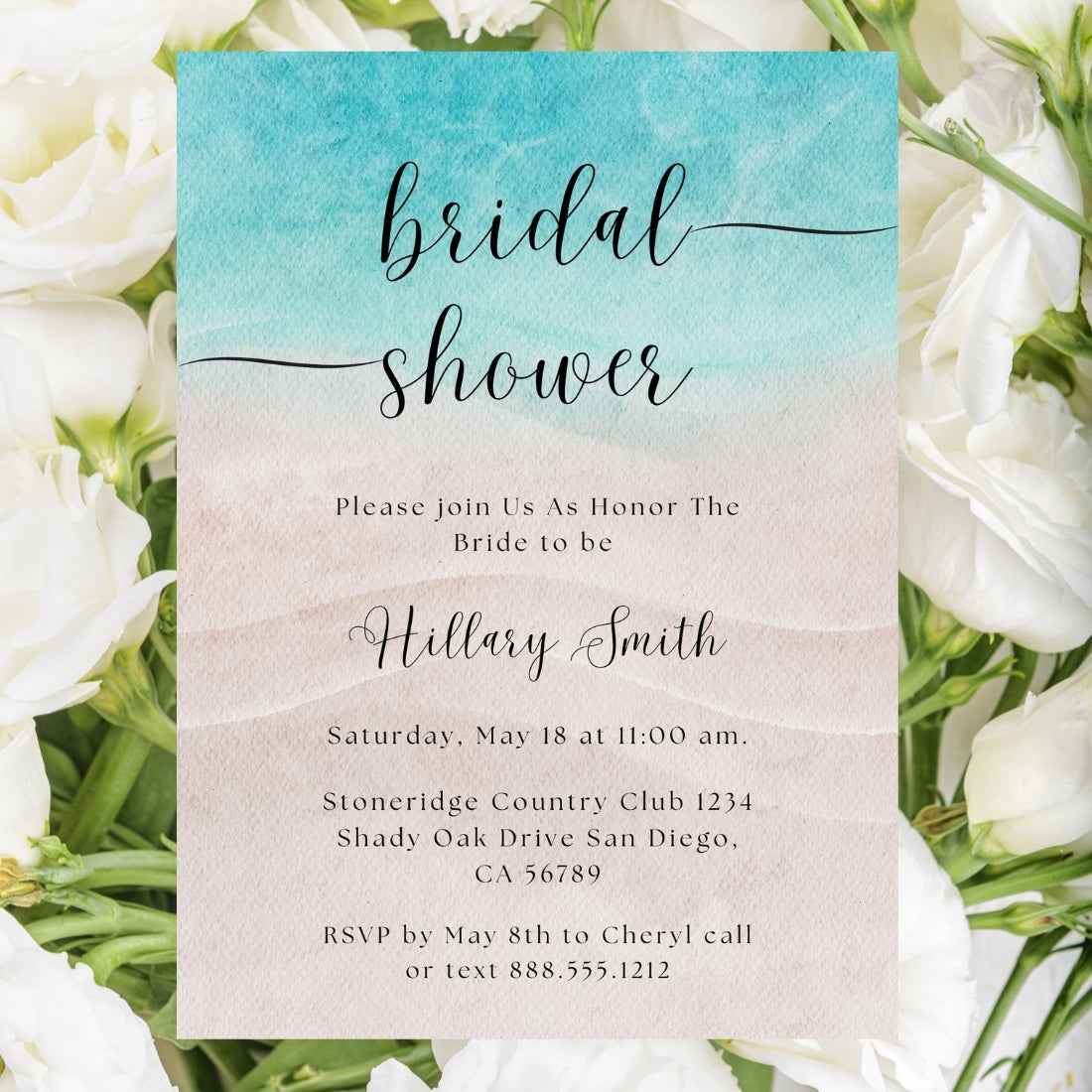 Beach Theme Bridal Shower Invitations Editable Canva Template Digital Download