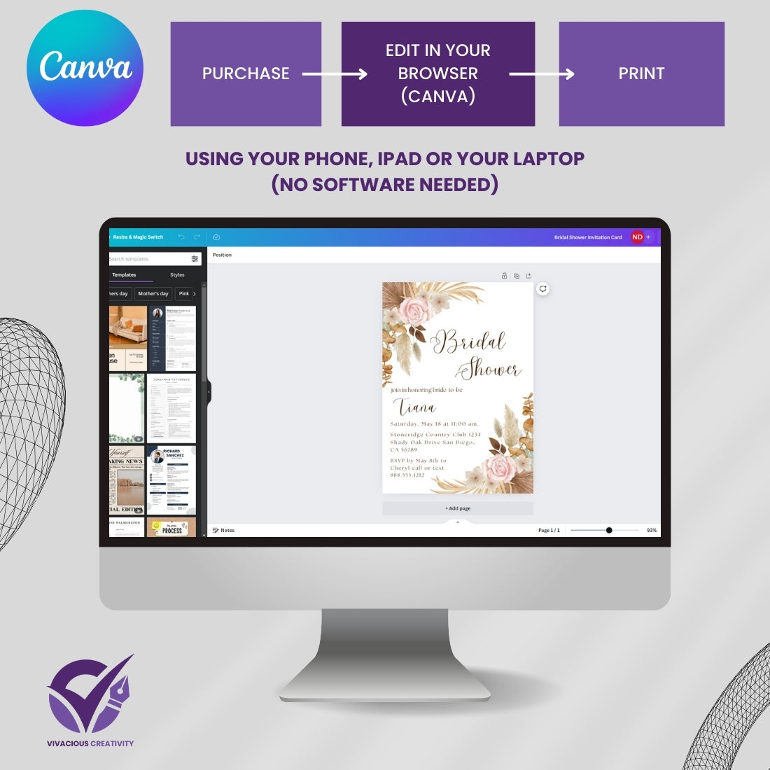 Floral Bridal Shower Invitation Editable Canva Template Flower Themed Invite Instant Digital Download