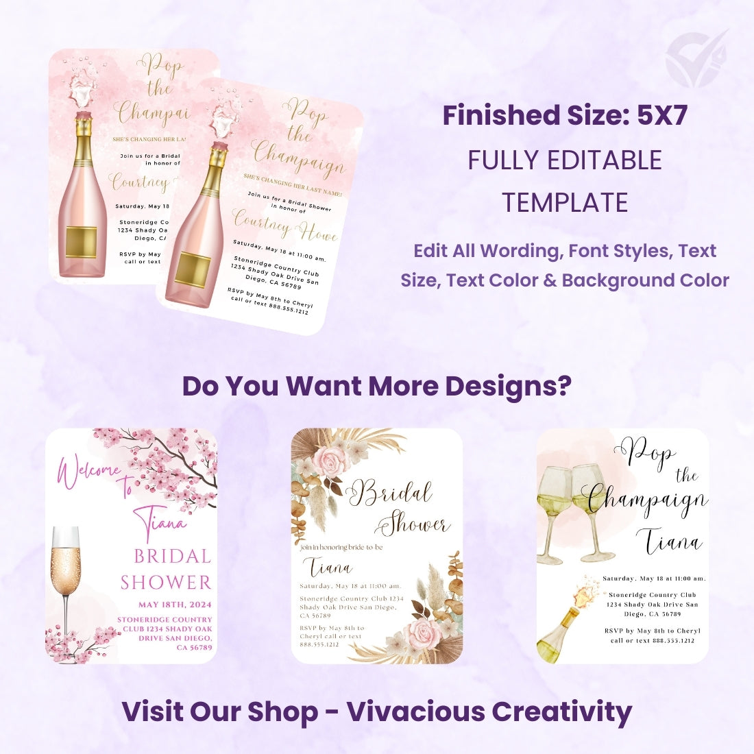 Bridal Shower Invitations Online Editable Canva Template 1-Page Digital Download