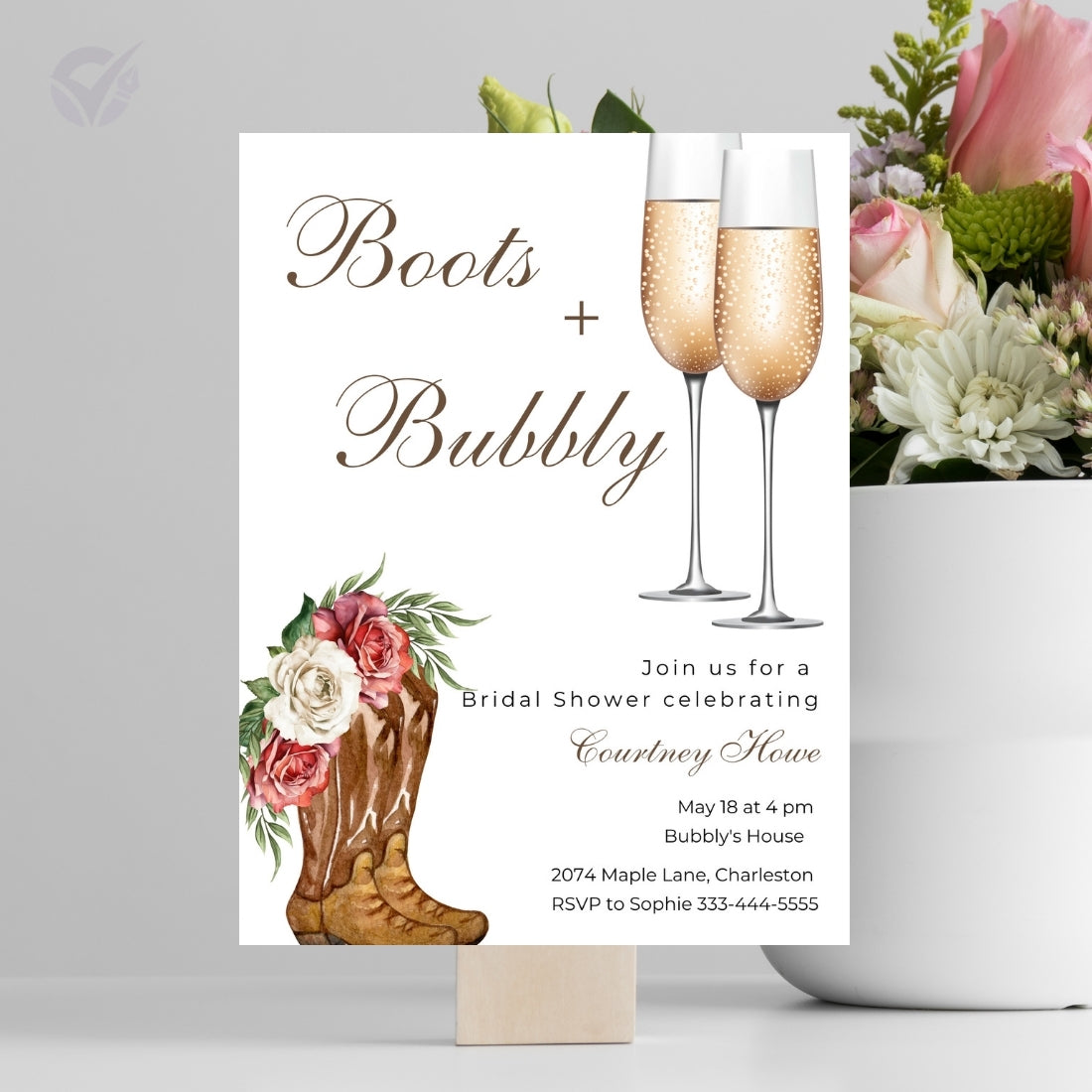 Bridal Shower Invitations Wedding "Boots & Bubbly" Theme Editable Canva Template