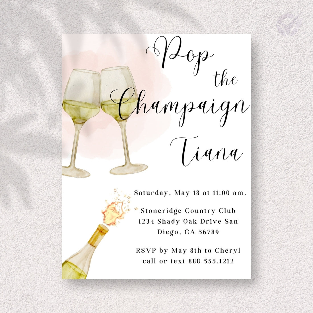 Wine Themed Bridal Shower Invitations "Pop the Champagne" Editable Canva Template