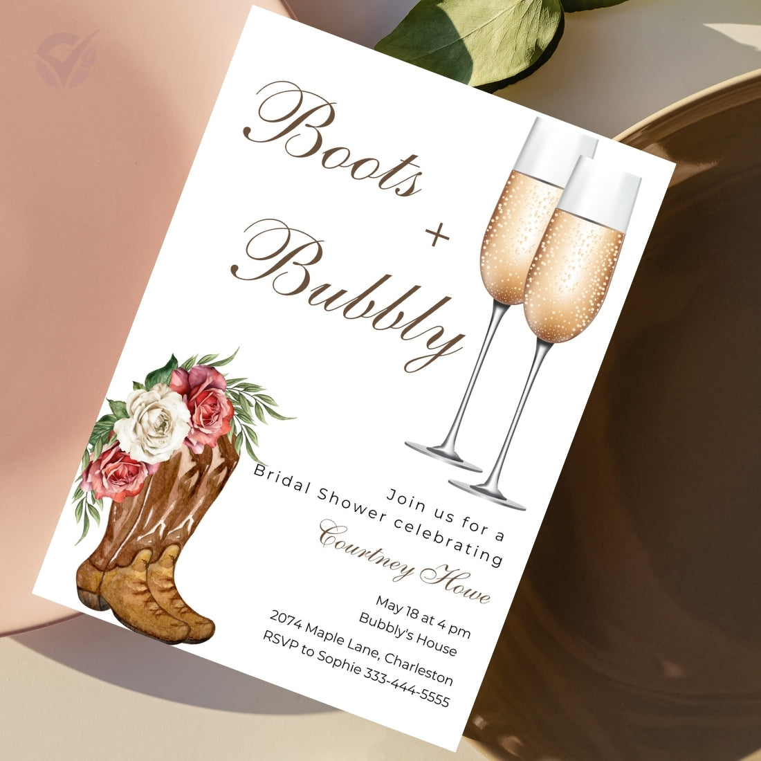 Bridal Shower Invitations Wedding "Boots & Bubbly" Theme Editable Canva Template