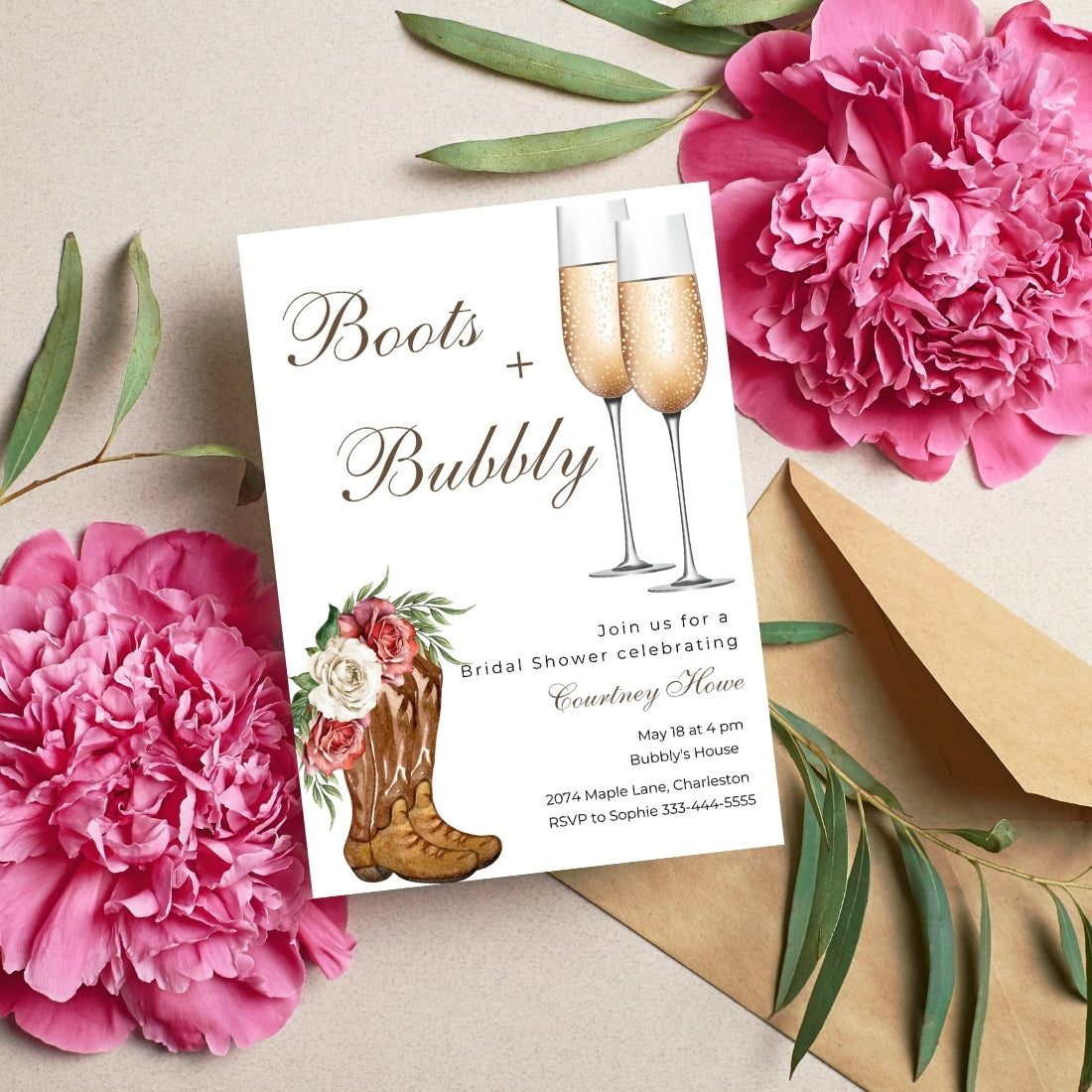 Bridal Shower Invitations Wedding "Boots & Bubbly" Theme Editable Canva Template