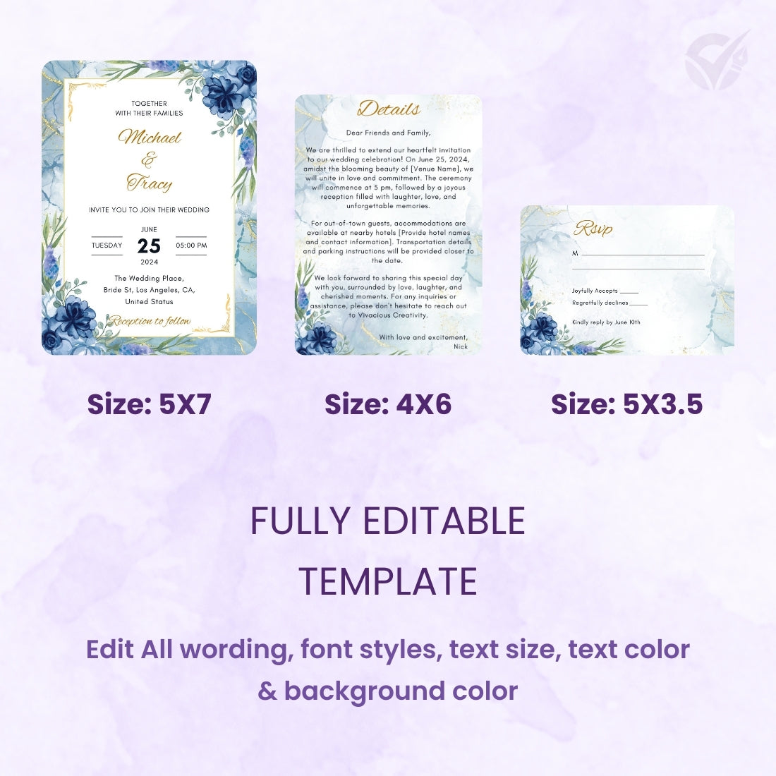 Wedding Invitations With RSVP 3 Editable Canva Templates Main Card, RSVP & Details Card Instant Digital Download