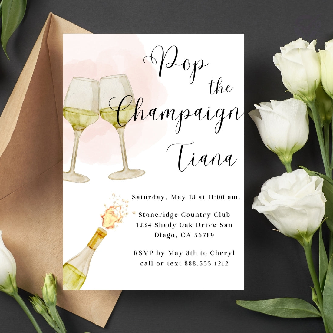 Wine Themed Bridal Shower Invitations "Pop the Champagne" Editable Canva Template