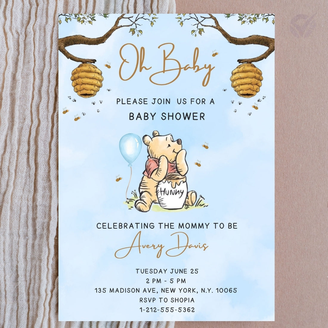 Oh Baby Winnie the Pooh Baby Shower Invitation Editable Canva Template Classic Pooh Bear Baby Shower Invite Instant Digital Download