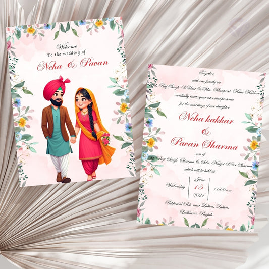 Cheap Sikh Wedding Invitations | 5×7 Editable Canva Template | Couple Illustration | Indian Sikh E-Invite (2 Pages)