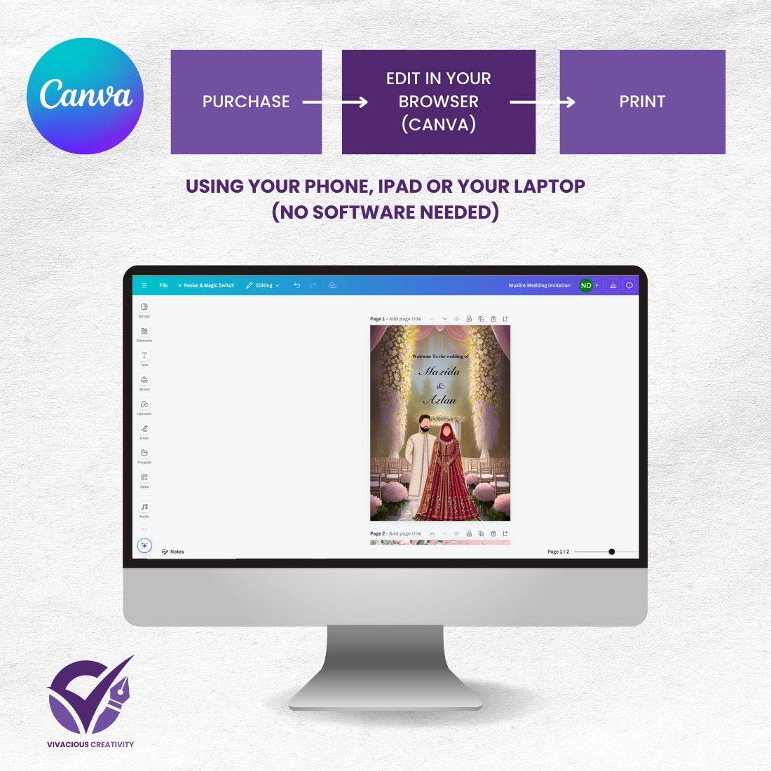 Muslim Wedding Invitation 2 Page Editable Canva Template Islamic Nikah Card Design Digital Download