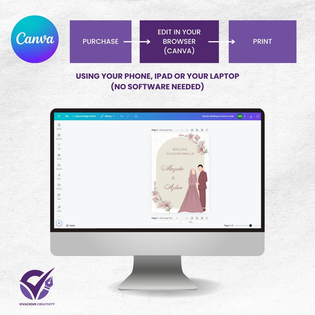 Muslim Wedding Invitation Cards 2 Page Editable Canva Template Digital Download