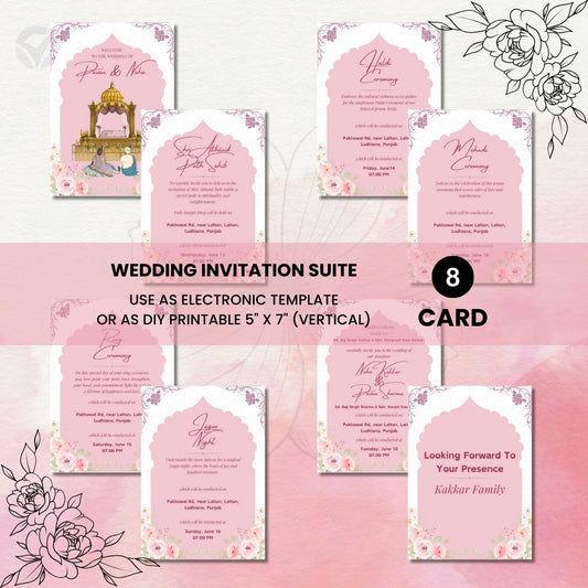 Sikh Wedding Invitations – Editable Canva Template | Indian Sikh Wedding E-Invite Set (8 Cards) | Instant Download