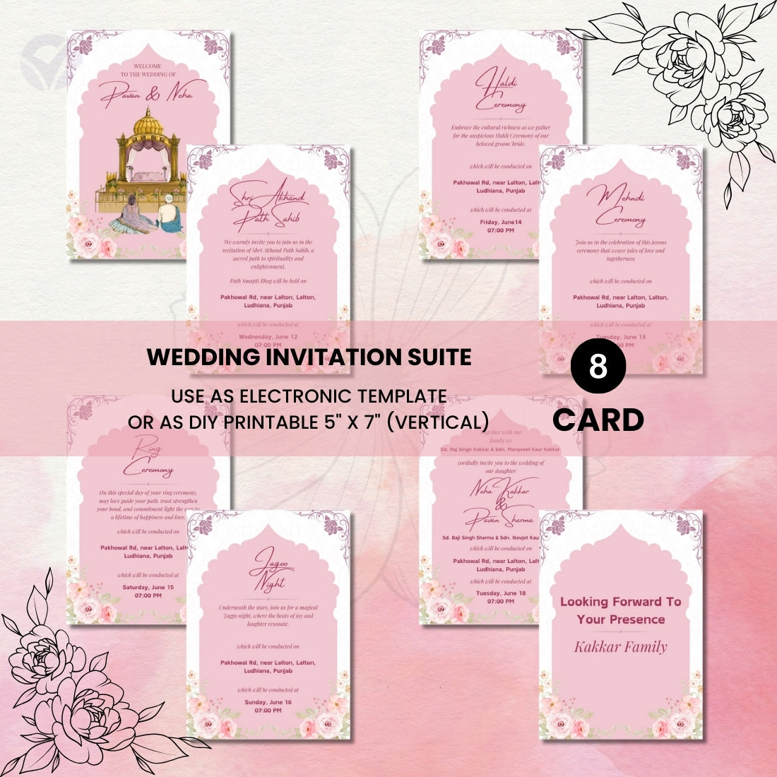 Digital Sikh Wedding Invitation Templates 8 Page Editable Canva Suite Punjabi Wedding Card Set