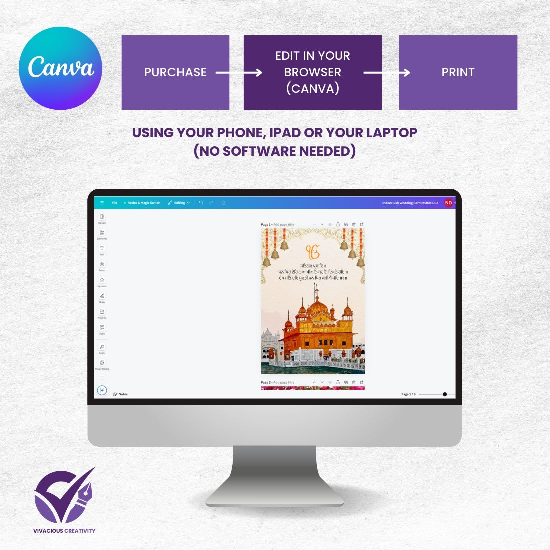 Indian Sikh Wedding Card Invites 8 Editable Canva Templates USA Format Digital Download for Sikh Wedding Invitations