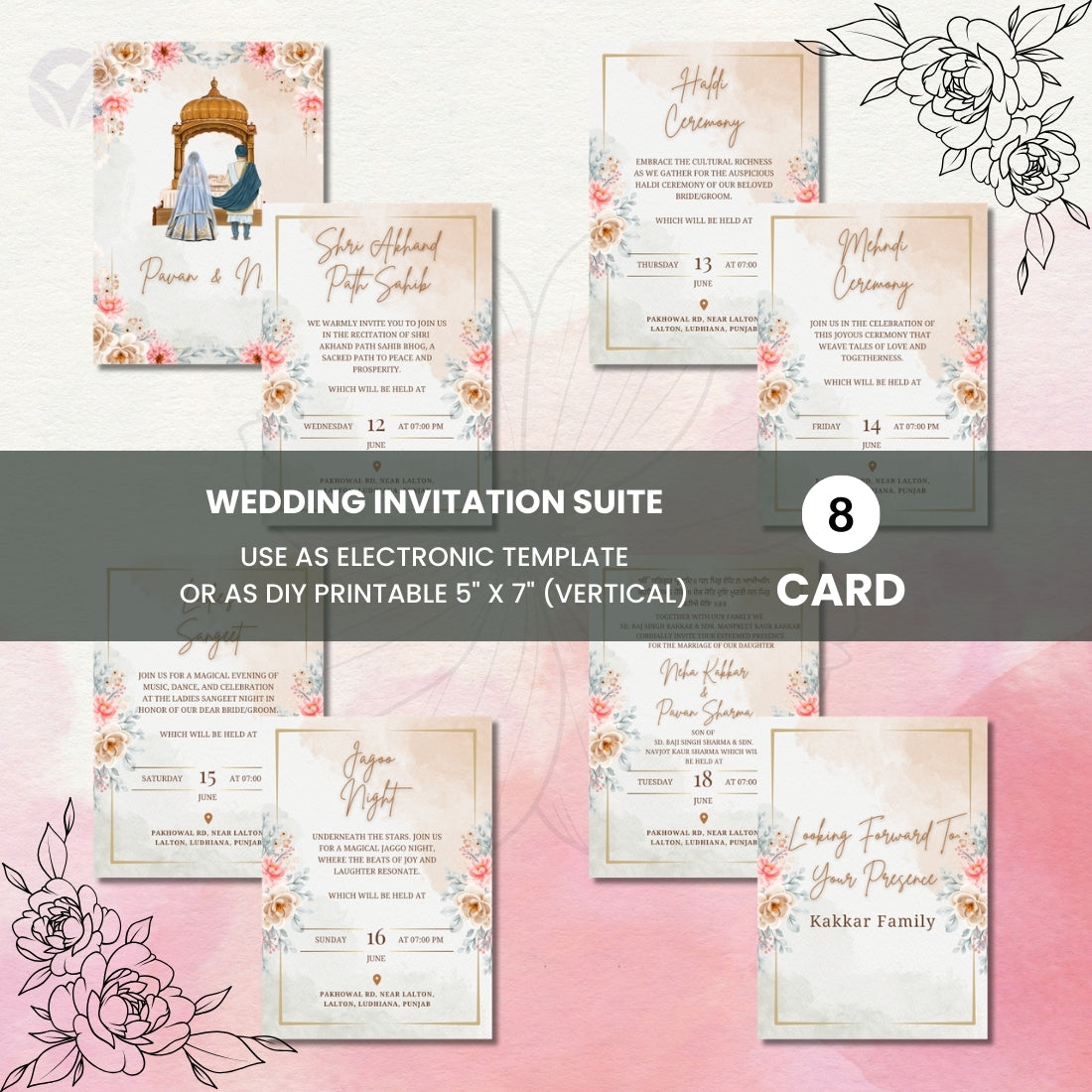 Indian Invitation Wording for Sikh Wedding Editable Canva Templates Traditional Sikh Wedding Text Suite Instant Digital Download