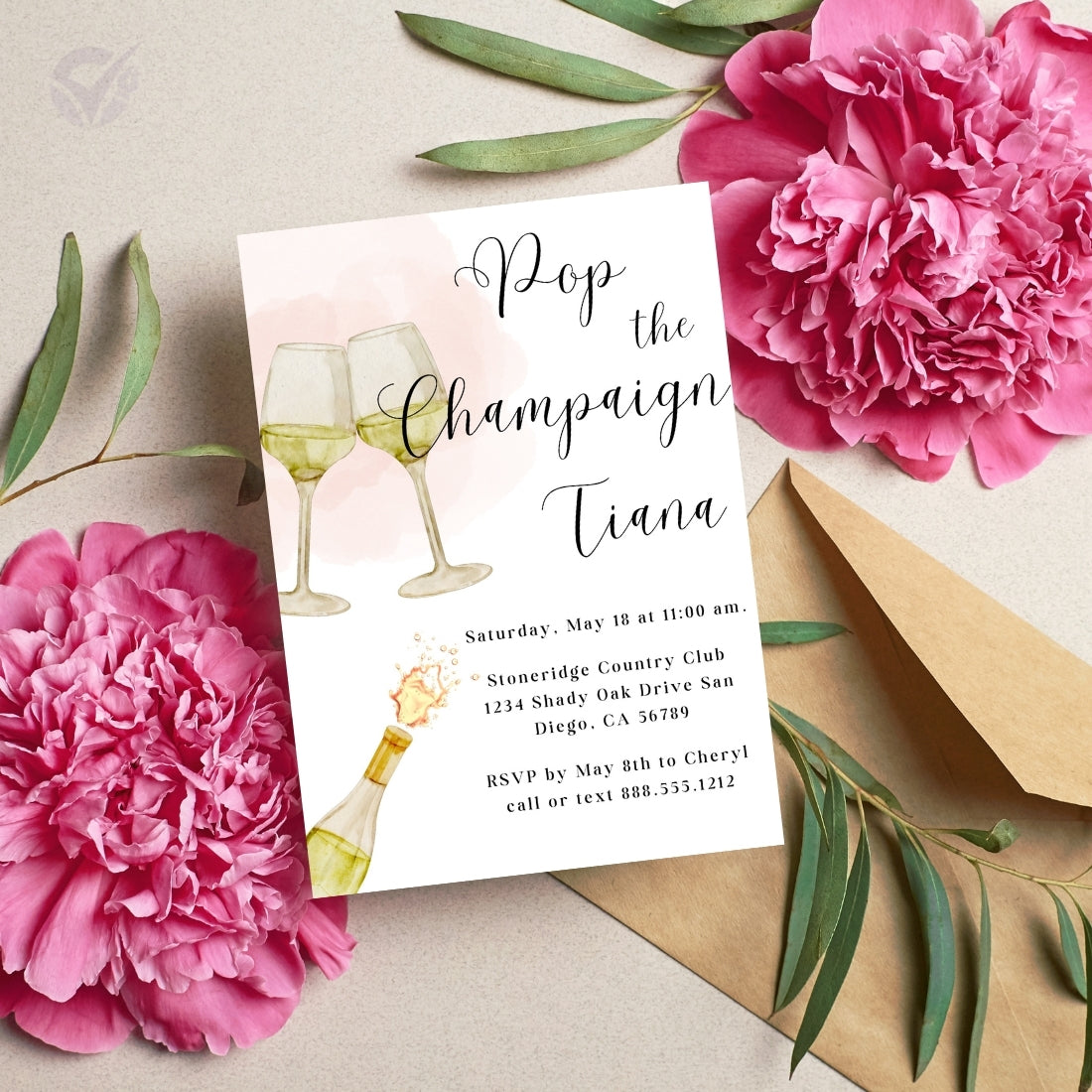 Wine Themed Bridal Shower Invitations "Pop the Champagne" Editable Canva Template