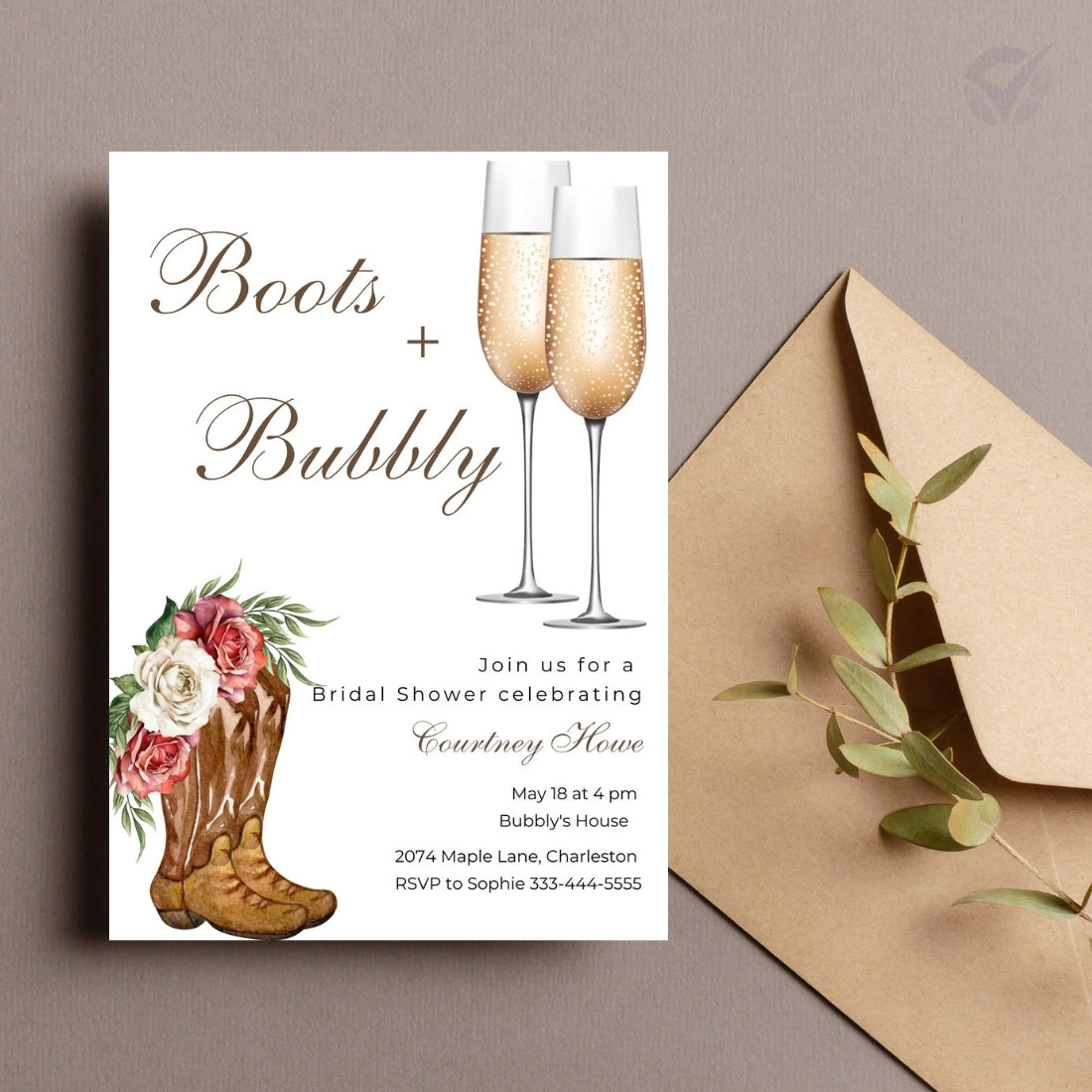 Bridal Shower Invitations Wedding "Boots & Bubbly" Theme Editable Canva Template