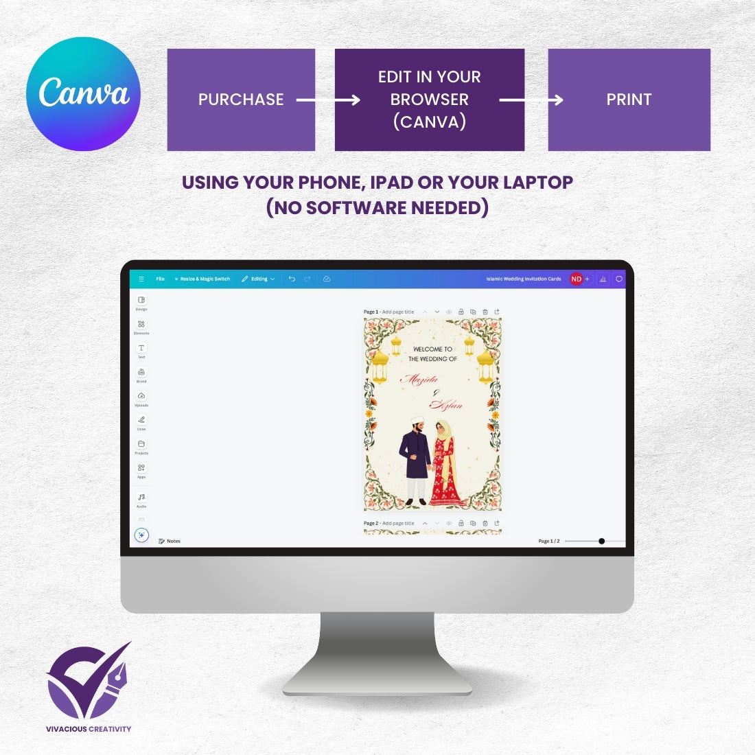 Islamic Wedding Invitation Cards 2 Page Editable Canva Template Digital Download