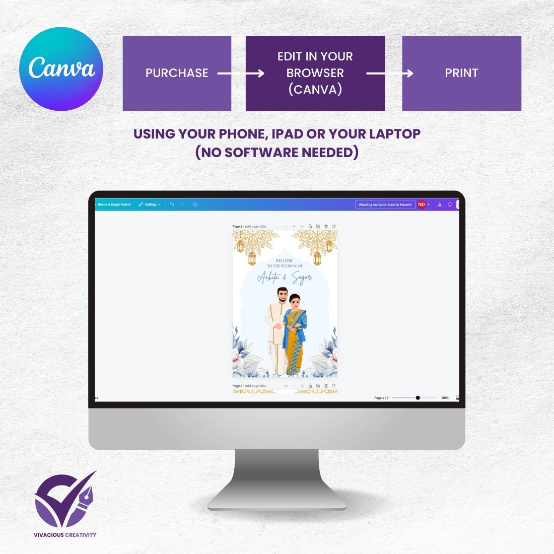 Wedding Invitation Card 2 Page Marathi Theme Editable Canva Template Digital Download