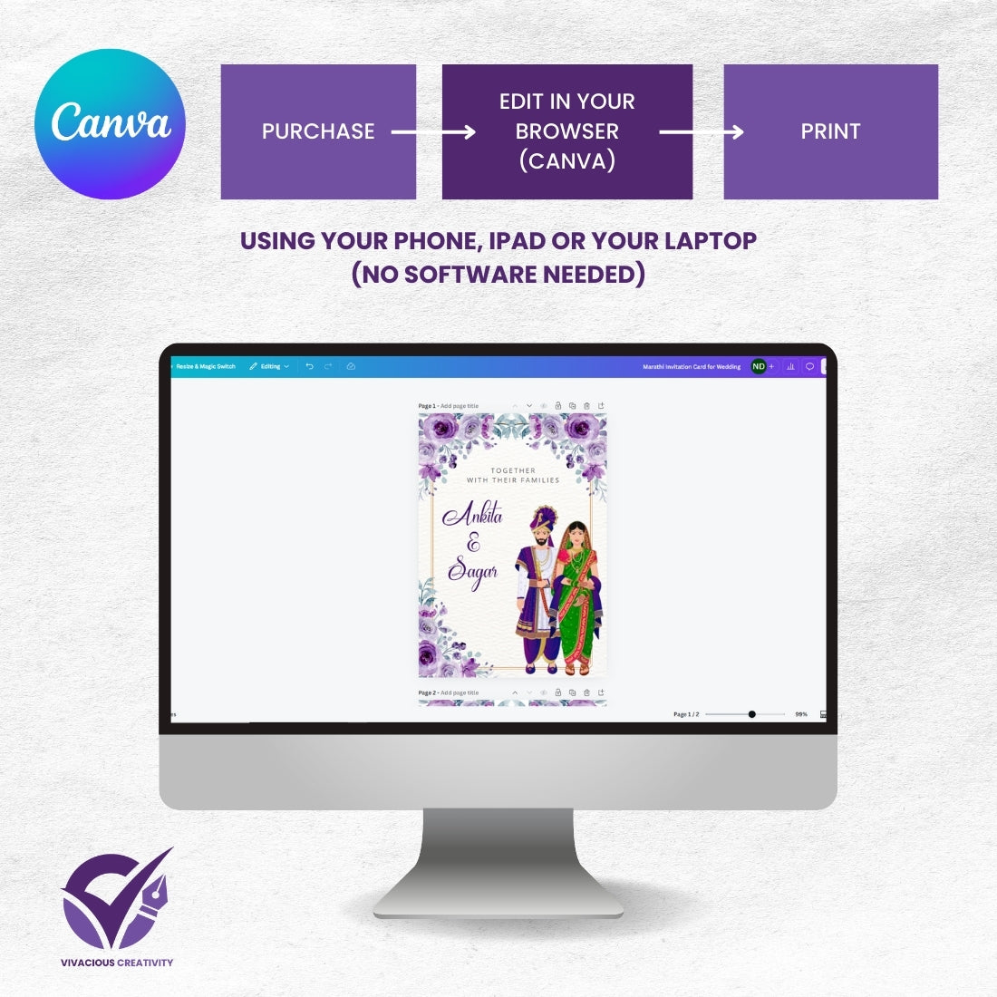 Marathi Invitation Card for Wedding 2 Page Editable Canva Template Digital Download Only