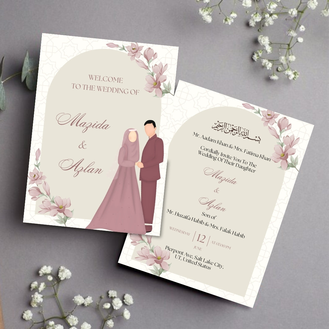 Muslim Wedding Invitation Cards 2 Page Editable Canva Template Digital Download