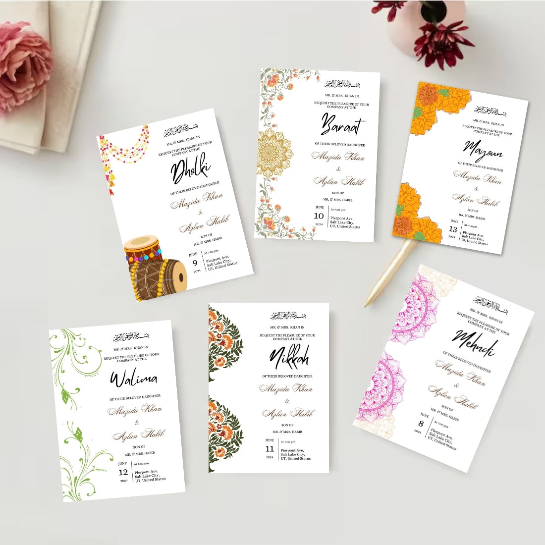 Muslim Wedding Invitation Template 6 Editable Canva Cards Mehndi, Dholki, Baraat, Nikkah, Walima, Mayoun Digital Download