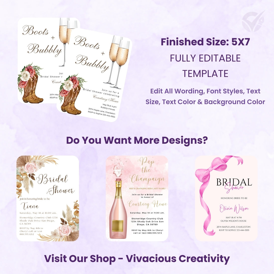 Bridal Shower Invitations Wedding "Boots & Bubbly" Theme Editable Canva Template