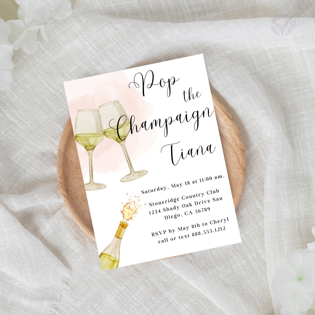 Wine Themed Bridal Shower Invitations "Pop the Champagne" Editable Canva Template