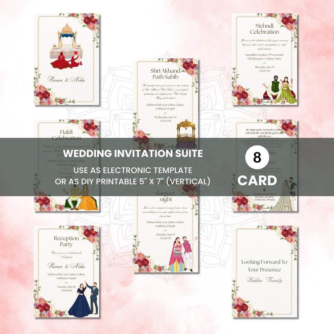 Sikh Wedding Invitations UK – 8 Card Digital Suite with Illustrated Designs (Editable in Canva)