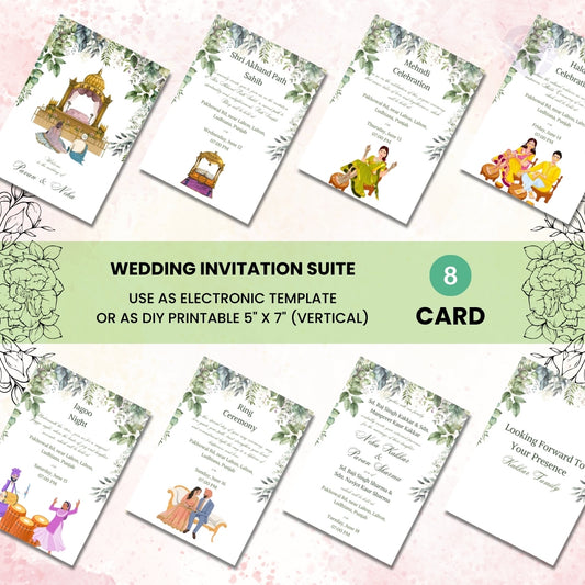 Indian Sikh Wedding Card Invites USA | 8-Card Editable Canva Bundle | Punjabi Wedding E-Invite Set with Illustrations