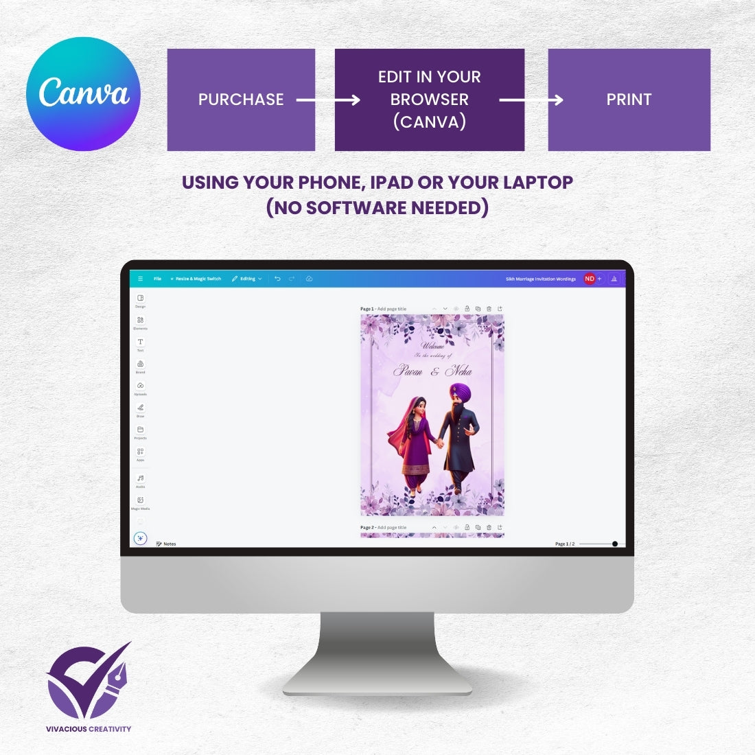 Sikh Marriage Invitation Wordings – Editable 2-Card Digital Template with Punjabi Couple Illustration Canva Wedding Invite Download