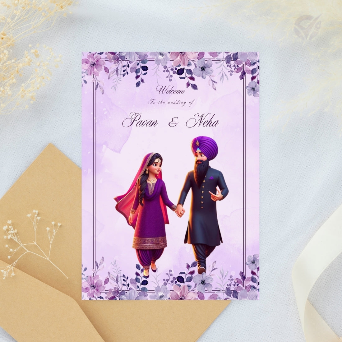 Sikh Marriage Invitation Wordings – Editable 2-Card Digital Template with Punjabi Couple Illustration Canva Wedding Invite Download