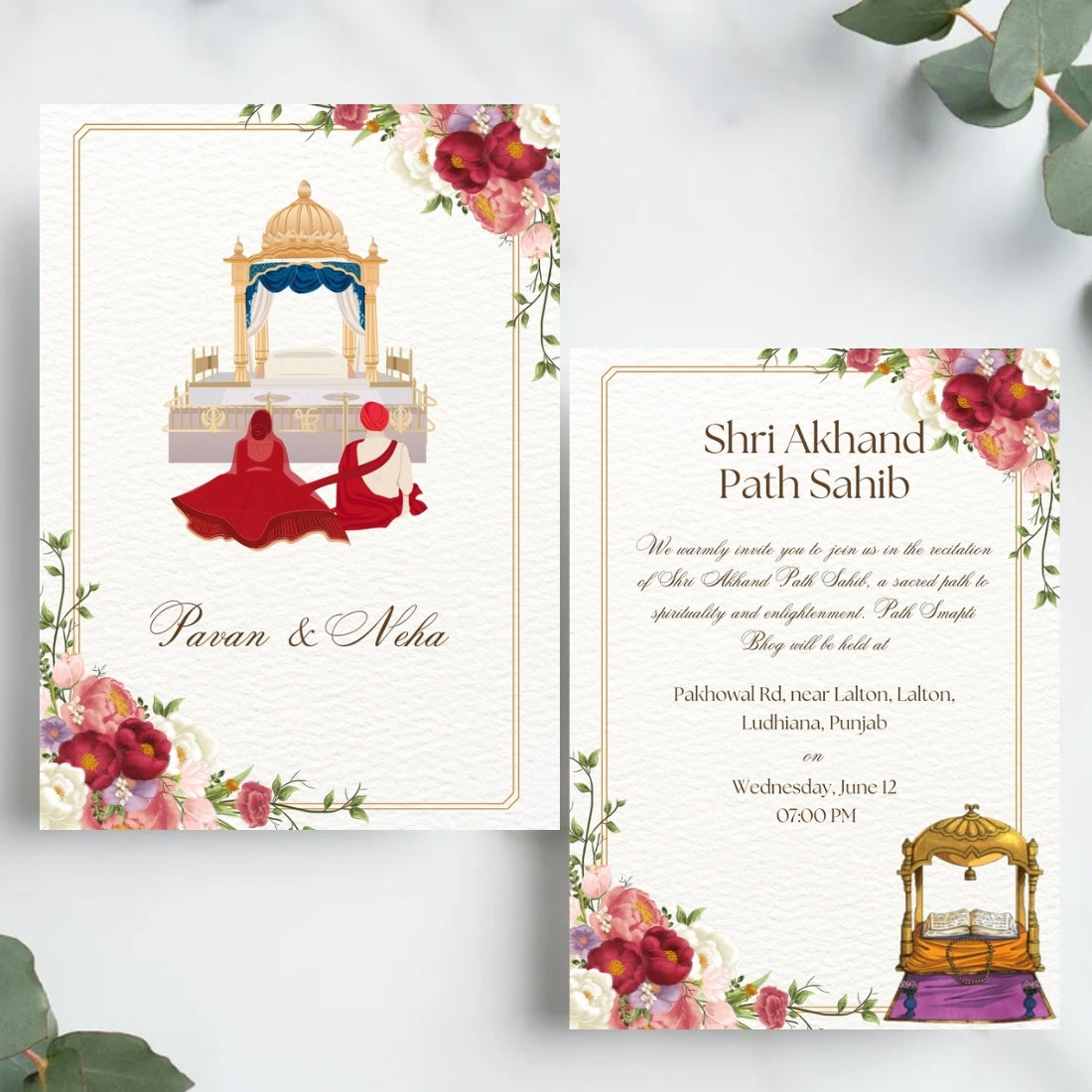 Sikh Wedding Invitations UK – 8 Card Digital Suite with Illustrated Designs (Editable in Canva)