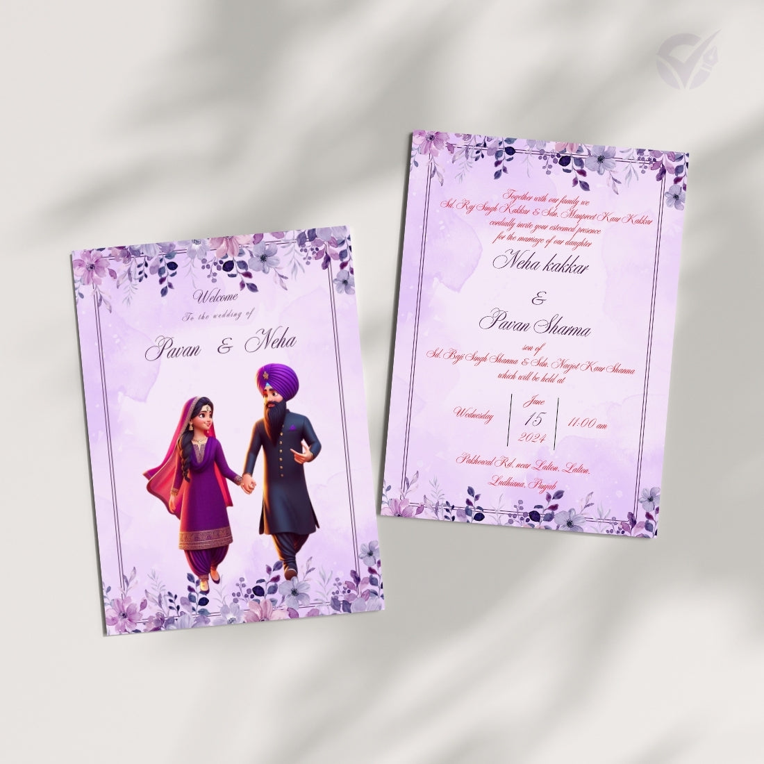 Sikh Marriage Invitation Wordings – Editable 2-Card Digital Template with Punjabi Couple Illustration Canva Wedding Invite Download