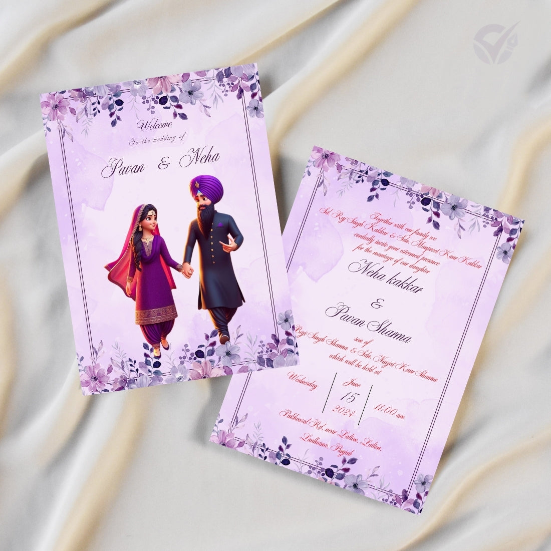 Sikh Marriage Invitation Wordings – Editable 2-Card Digital Template with Punjabi Couple Illustration Canva Wedding Invite Download