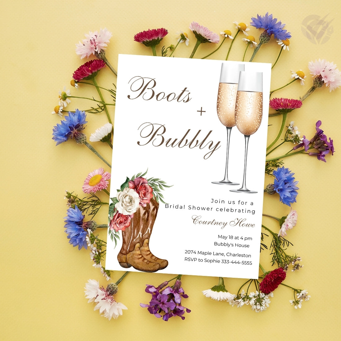 Bridal Shower Invitations Wedding "Boots & Bubbly" Theme Editable Canva Template