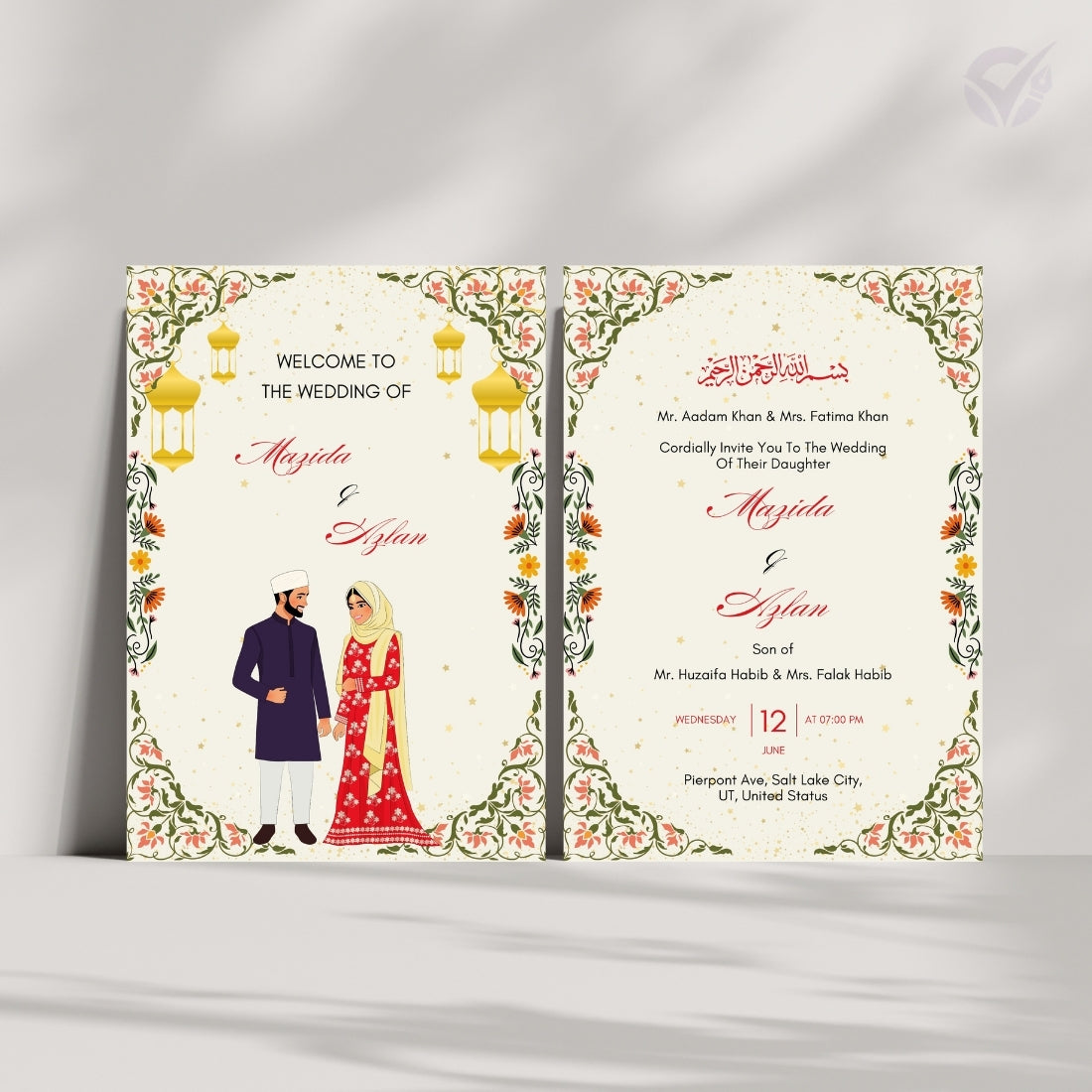 Islamic Wedding Invitation Cards 2 Page Editable Canva Template Digital Download