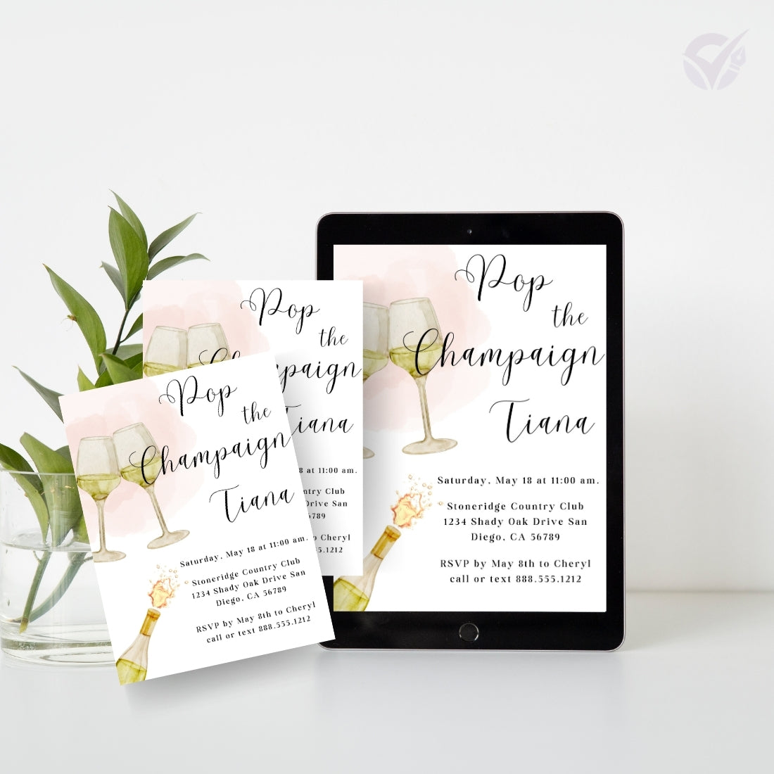 Wine Themed Bridal Shower Invitations "Pop the Champagne" Editable Canva Template