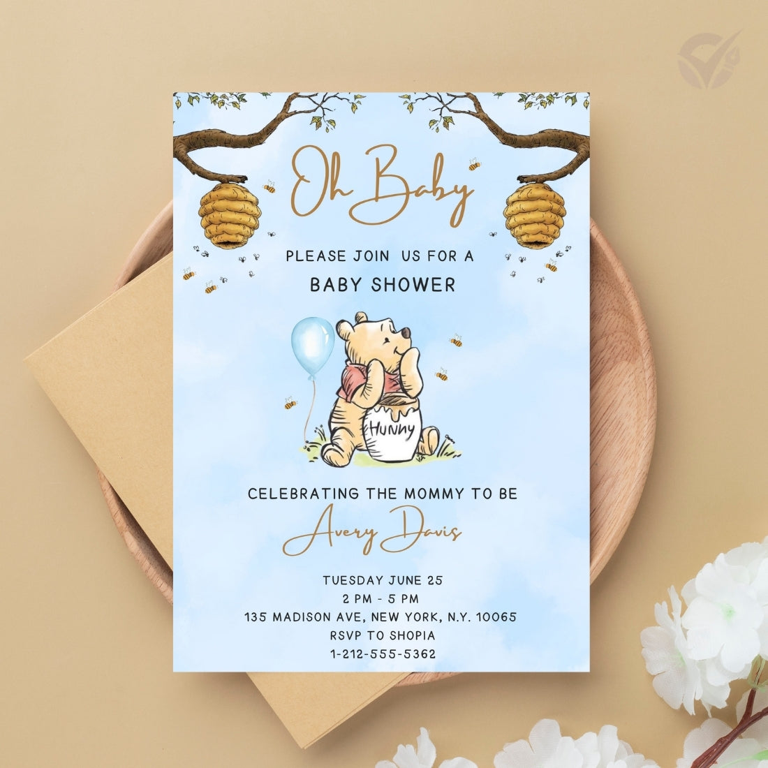Oh Baby Winnie the Pooh Baby Shower Invitation Editable Canva Template Classic Pooh Bear Baby Shower Invite Instant Digital Download