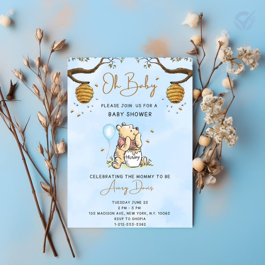 Oh Baby Winnie the Pooh Baby Shower Invitation Editable Canva Template Classic Pooh Bear Baby Shower Invite Instant Digital Download