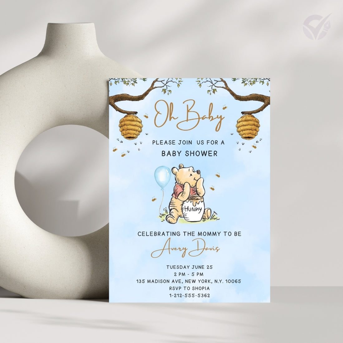 Oh Baby Winnie the Pooh Baby Shower Invitation Editable Canva Template Classic Pooh Bear Baby Shower Invite Instant Digital Download