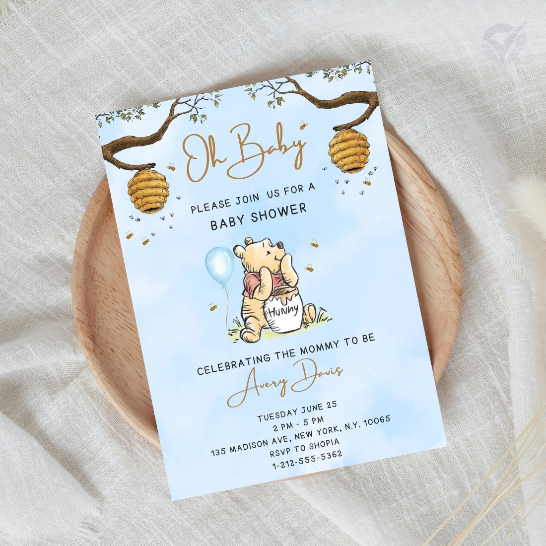 Oh Baby Winnie the Pooh Baby Shower Invitation Editable Canva Template Classic Pooh Bear Baby Shower Invite Instant Digital Download