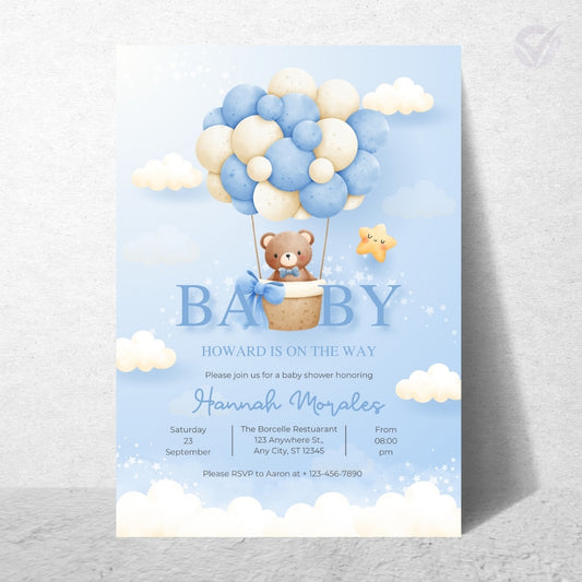 Baby Balloon Baby Shower Invitation Editable Canva Template Hot Air Balloon Baby Shower Invite Instant Digital Download