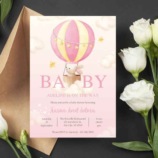Baby Shower Invitation for Girl Editable Canva Template Pink Baby Shower Invite Instant Digital Download