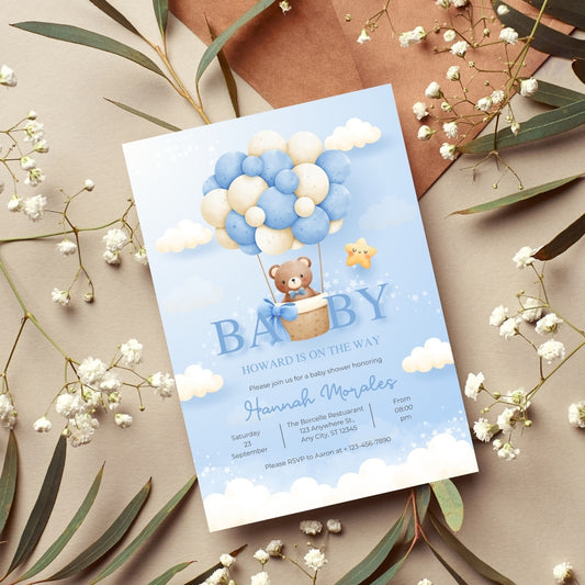 Baby Balloon Baby Shower Invitation Editable Canva Template Hot Air Balloon Baby Shower Invite Instant Digital Download