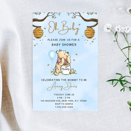 Oh Baby Winnie the Pooh Baby Shower Invitation Editable Canva Template Classic Pooh Bear Baby Shower Invite Instant Digital Download
