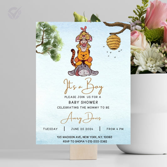 Classic Winnie the Pooh Baby Shower Invitation Editable Canva Template Storybook Baby Shower Invite Instant Digital Download