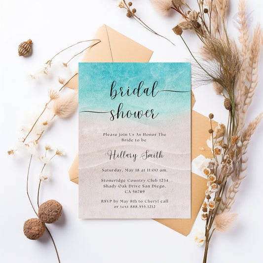Beach Theme Bridal Shower Invitations Editable Canva Template Digital Download